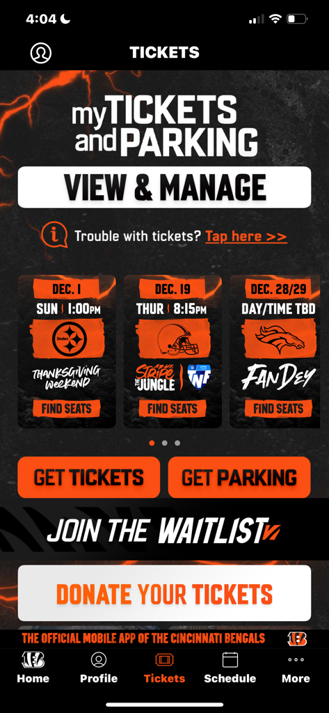Schermata di gestione biglietti e parcheggio dell'app mobile dei Cincinnati Bengals