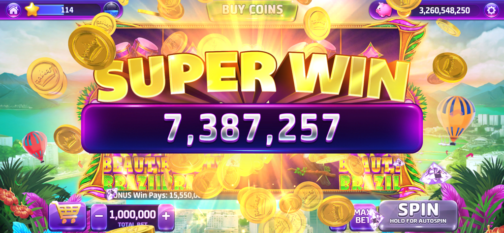 Pantalla de juego de tragamonedas móviles que muestra una Super Ganancia de más de siete millones de monedas con monedas de oro volando.