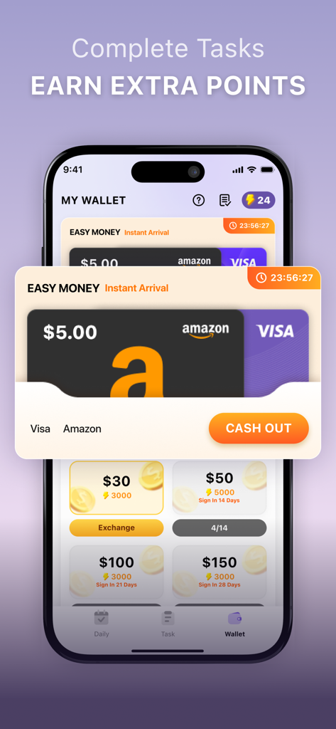 WalkPay mobile app wallet screen showing options to cash out five dollar Amazon and Visa gift cards for points earned by walking