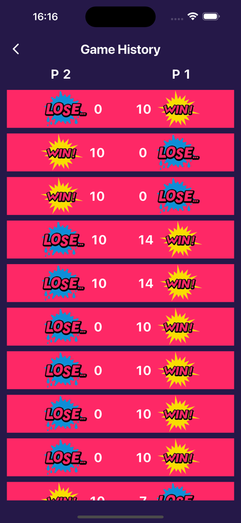Score Counter: Clicker - Game history list displaying player scores and win or lose results