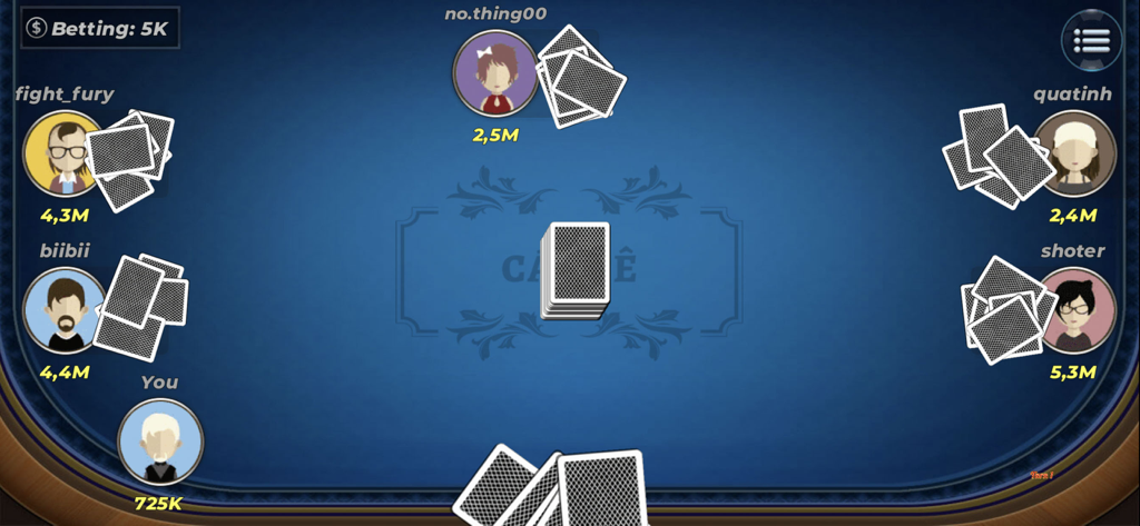 Gameplay screen of Catte Offline showing a virtual card table with six players and betting chips