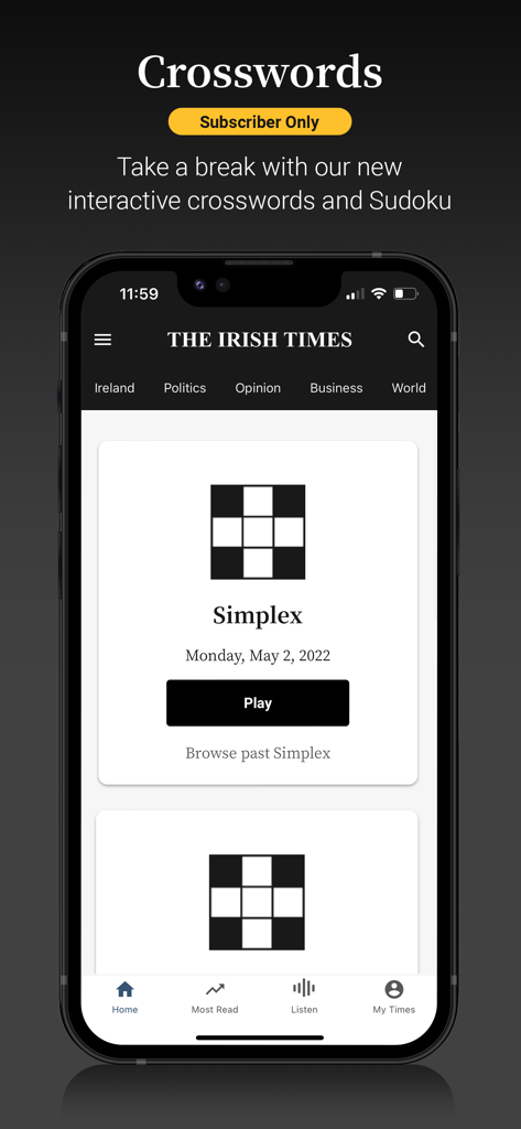 The Irish Times News - The Irish Times News 앱 십자말 풀이 섹션에 구독자를 위한 Simplex 퍼즐이 표시됨