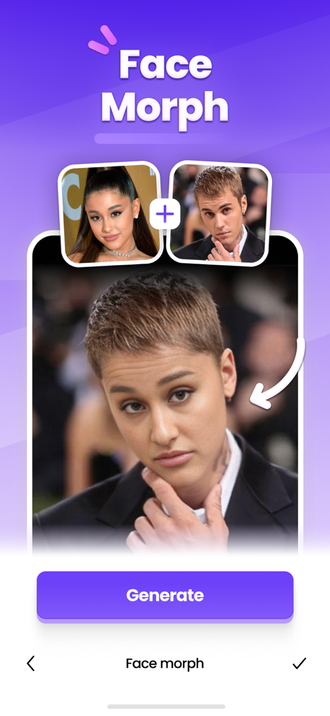 Hair Changer Editor AI Filters - App interface showing the AI face morph feature combining two faces
