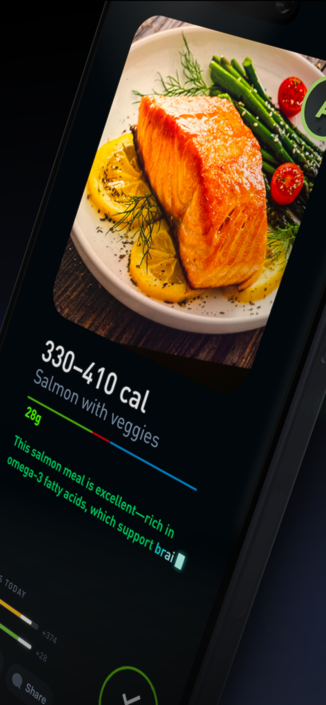 Gyroscope - A smartphone showing the Gyroscope app using the Food XRAY camera to analyze a salmon meal with calorie and protein tracking.