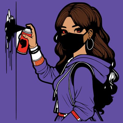 realistic girl with mask spray painting a wall