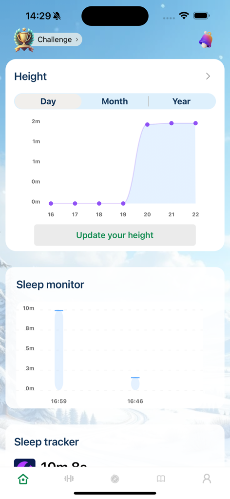 Height progress chart and sleep monitor dashboard in the Teen Height Increase Program app