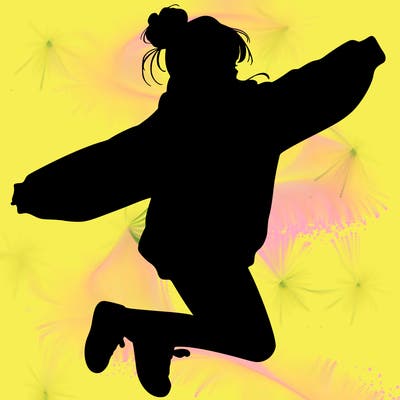 realistic girl jumping with a bun and oversized sweatshirt