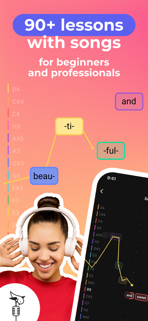 Learn to sing with Vocaberry - A woman wearing headphones using the Vocaberry app which displays real time pitch tracking and singing lessons