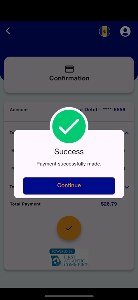 SurePay mobile app screen displaying a success message and green checkmark after a bill payment.