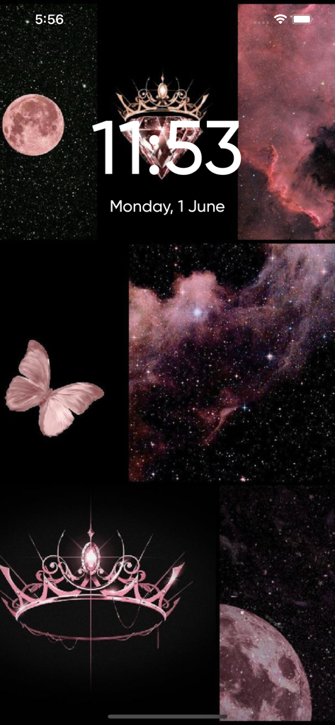 Una colección de fondos de pantalla estéticos en rosa y negro con diseños de galaxias, lunas, mariposas y coronas para niñas