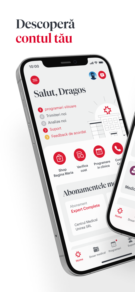 REGINA MARIA - Regina Maria mobile app dashboard display with upcoming appointments and medical subscription details