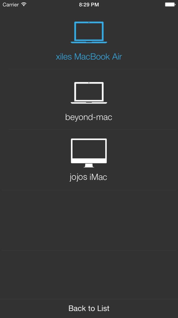 AirBridge - Transfer image/photo, text or URL - AirBridge app screen showing a list of available Mac computers for connecting and transferring files.
