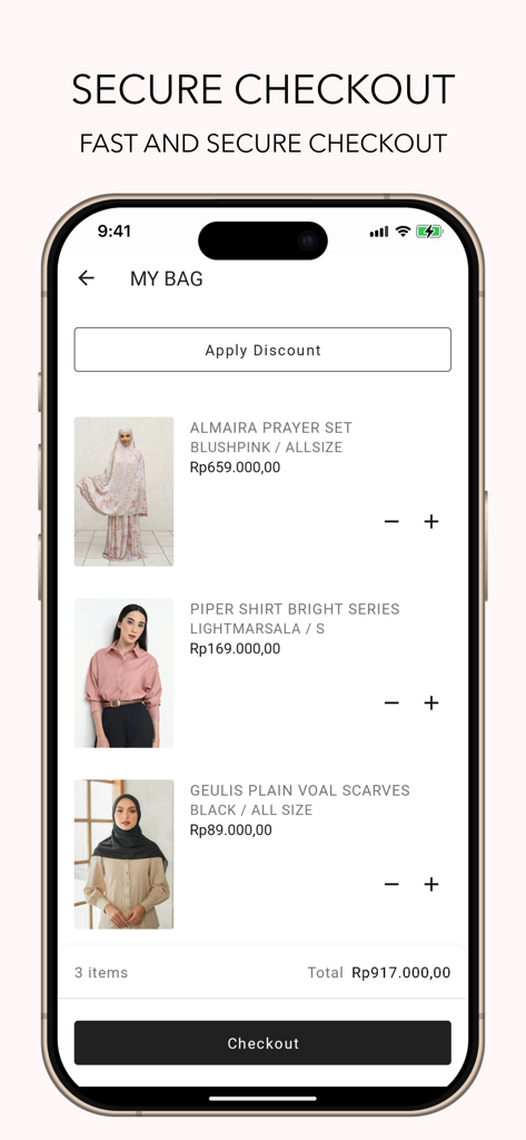 Geulis mobile app shopping cart interface showing selected fashion items and a secure checkout button