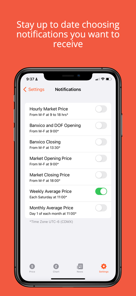 Dollar and Euro in Mexico - Smartphone screen showing the notification settings for the Dollar and Euro in Mexico app