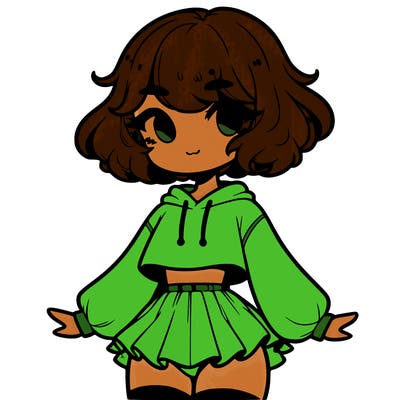 cute femboy with short, fluffy hair that softly frames their face, wearing a cropped hoodie, paired with a flouncy short skirt, and thigh-high stockings