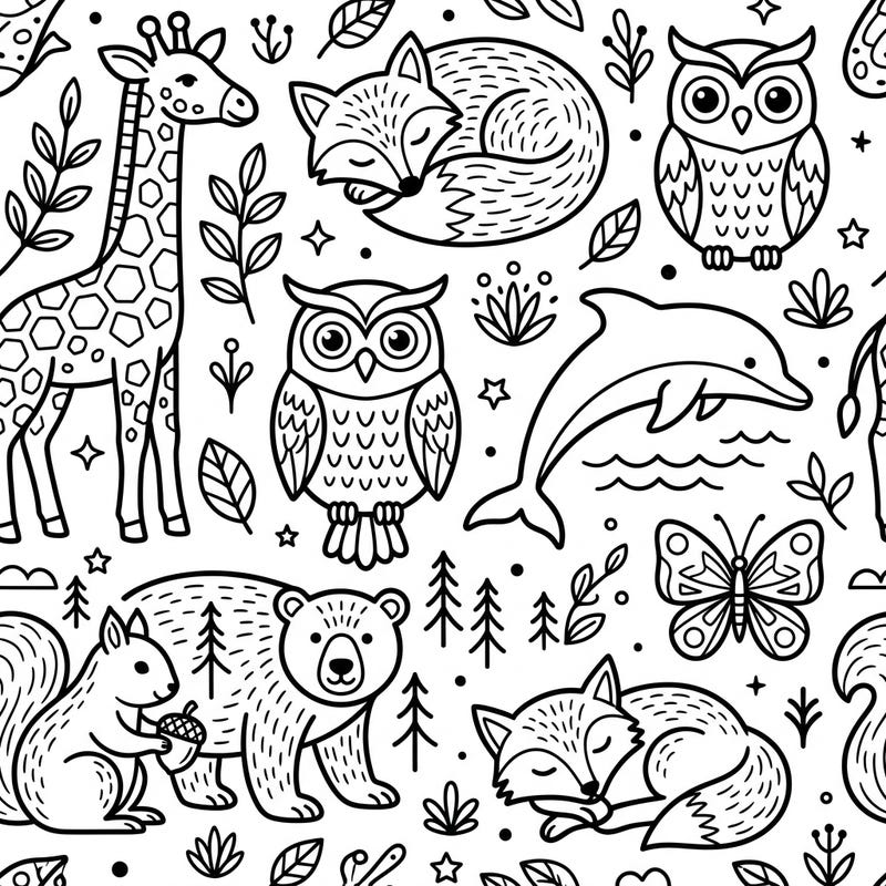 Introduce your little one to a world of charming creatures with this delightful seamless animal pattern coloring page. Designed with ultra-thick lines and simple shapes, it's perfect for developing fine motor skills and encouraging creativity in toddlers.