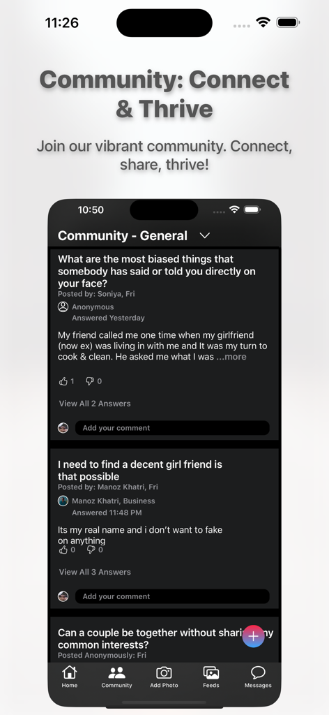 Community discussion forum in the Hey Sathi dating app featuring user questions and posts.