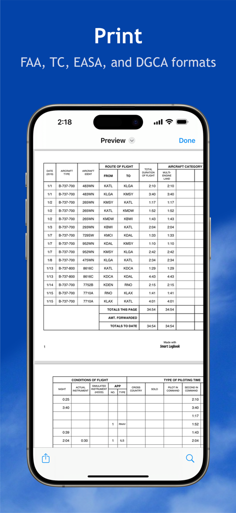 Preview of a pilot flight log in a standardized print format within the Smart Logbook app.