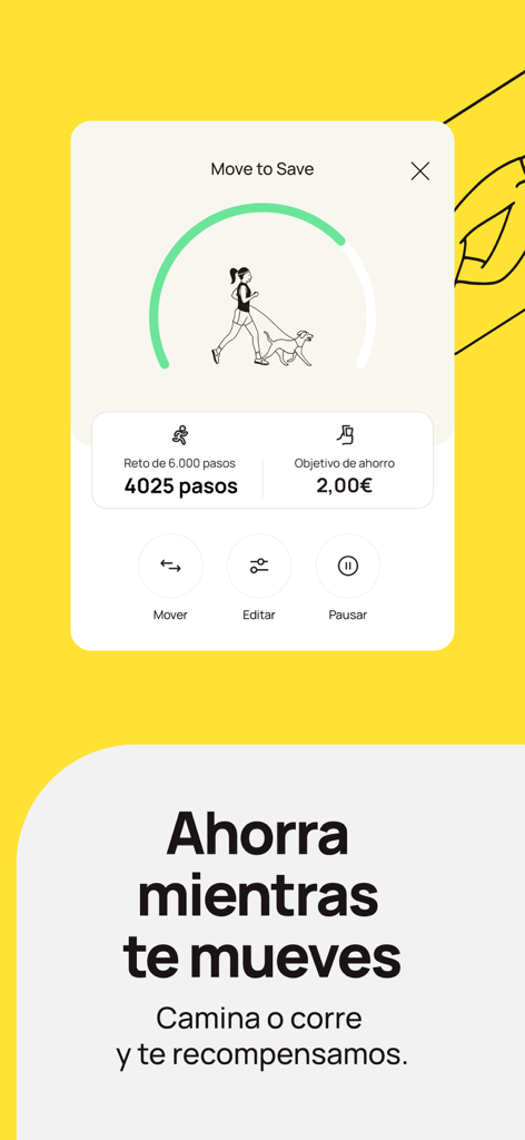 Interfaz de la aplicación B100 que muestra una barra de progreso de desafío de pasos donde caminar o correr otorga recompensas financieras