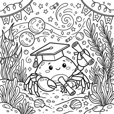 Congratulate a graduate in a uniquely charming way with this delightful pea crab coloring page. Featuring a tiny crab proudly donning a graduation cap and clutching diplomas amidst an underwater celebration, it's perfect for celebrating academic milestones.