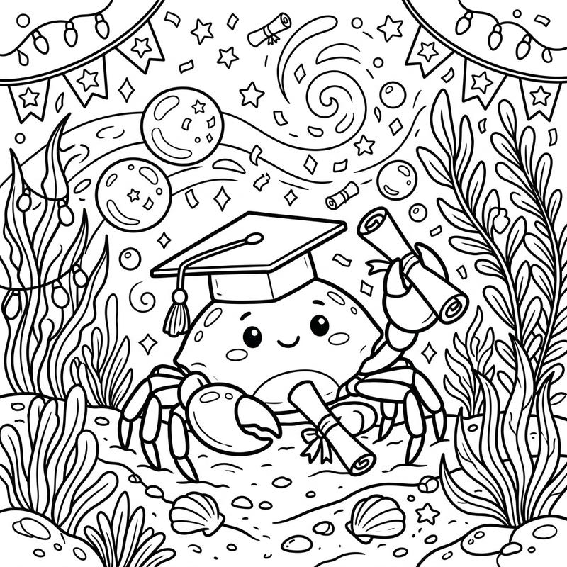 Congratulate a graduate in a uniquely charming way with this delightful pea crab coloring page. Featuring a tiny crab proudly donning a graduation cap and clutching diplomas amidst an underwater celebration, it's perfect for celebrating academic milestones.