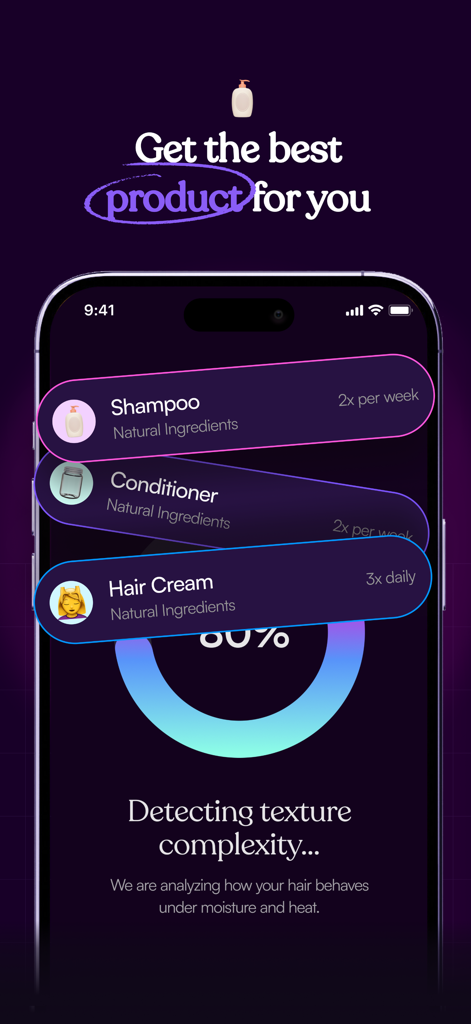 Strand - AI Hair snap Analysis - A mobile app screen showing AI recommendations for shampoo, conditioner, and hair cream based on hair texture analysis
