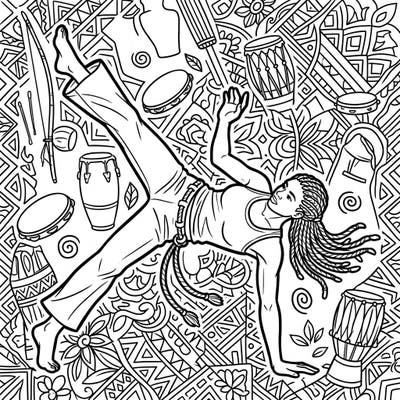 Immerse yourself in the vibrant world of Capoeira with this captivating coloring page featuring a powerful Capoeirista in motion. Explore rich Afro-Brazilian patterns and musical instruments as you bring this cultural art form to life with your creativity.