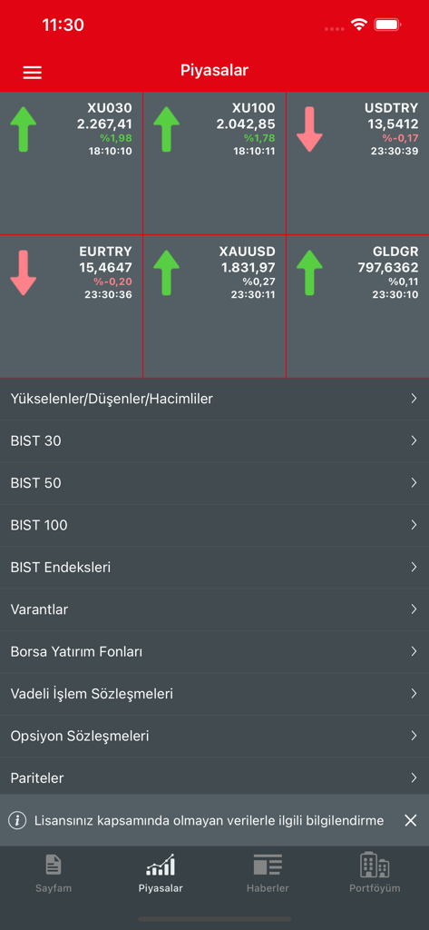 Ziraat Trader Mobile - Ziraat Trader Mobile app market data screen displaying Turkish stock indices and currency exchange rates