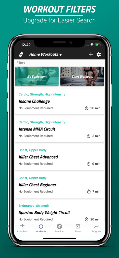 Spartan Home Workouts - Pro - Interfaz de la aplicación Entrenamientos en Casa Spartan que muestra una lista de rutinas de fitness con filtros para equipo y duración