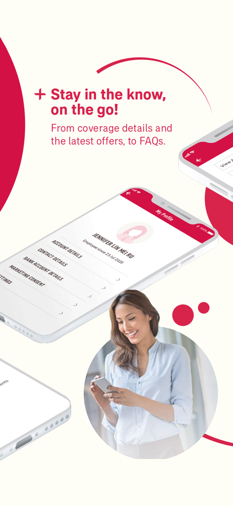 Tela do aplicativo AIA eBenefits mostrando um perfil de usuário e detalhes da conta ao lado de uma mulher usando seu smartphone.