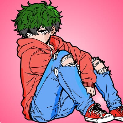 a male hoddie ripped jeans messy hair anime