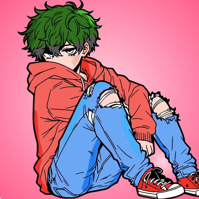 a male hoddie ripped jeans messy hair anime