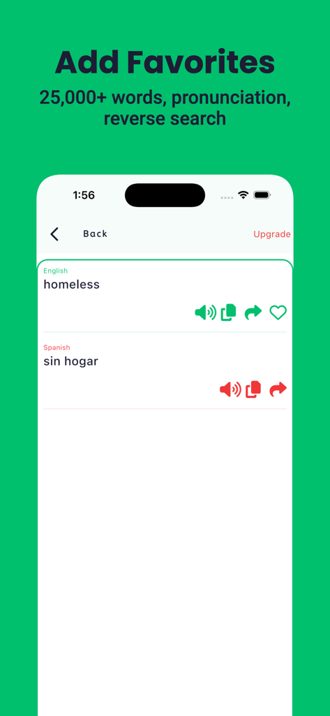Spanish English Dictionary + - Spanish English Dictionary app interface showing translation of homeless to sin hogar with favorites and pronunciation icons