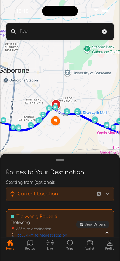 Vaya-Luyten - Vaya-Luytenアプリのインターフェース、ハボローネの公共交通ルートマップとリアルタイム追跡を表示