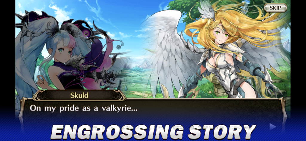VALKYRIE CONNECT - Cena de diálogo de personagem no Valkyrie Connect apresentando Skuld com o título História Envolvente