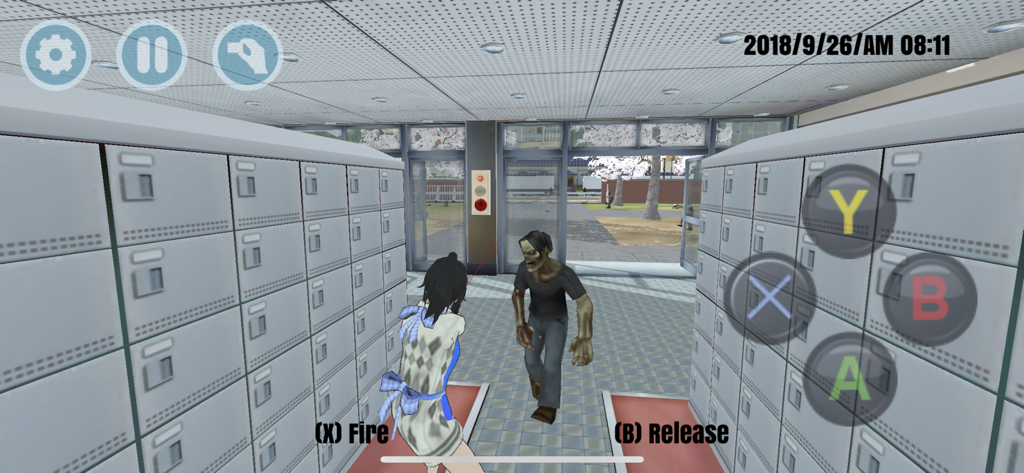 HighSchool Simulator GirlA gameplay showing a student character encountering a zombie in a school locker room