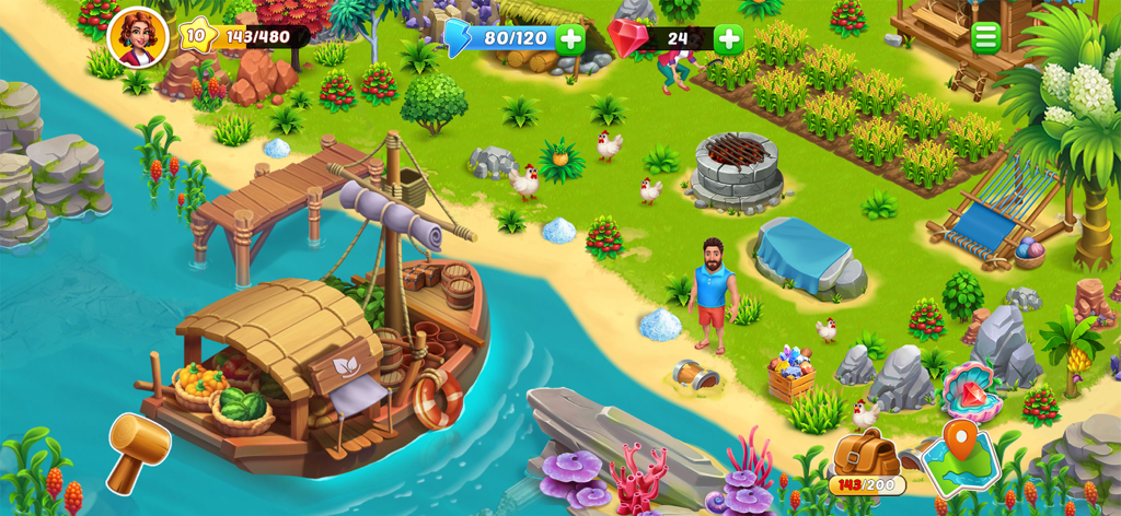 Kong Island: Farm & Survival - Tropical island farm with crops and a boat in Kong Island survival game