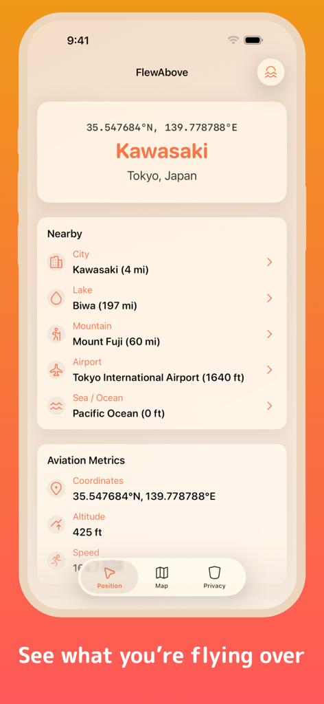 FlewAbove - FlewAbove app interface showing live location over Kawasaki and aviation metrics