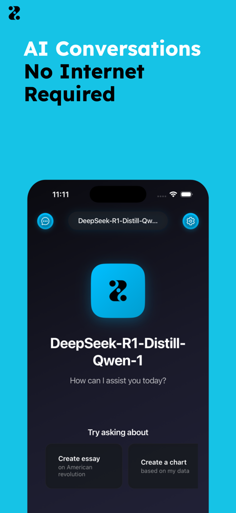 Zuno - Local & Private AI Chat - Interfaz de la aplicación Zuno mostrando un asistente de chat IA privado y offline