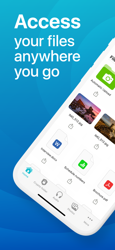 pCloud mobile Anwendungsoberfläche, die Dokumente und Bilder mit der Überschrift "Greifen Sie von überall auf Ihre Dateien zu" zeigt