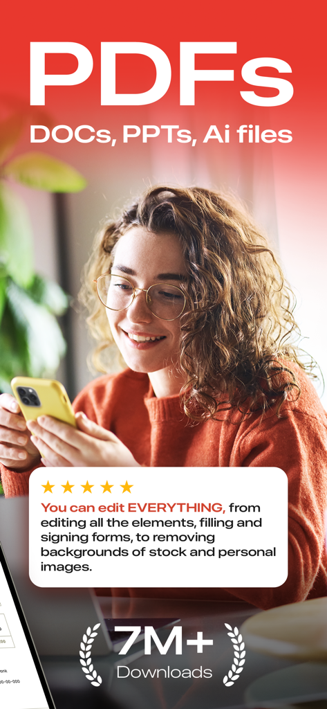 5つ星のユーザーレビューと700万ダウンロードのバッジが付いたPDF Editorモバイルアプリを使用している若いプロの女性