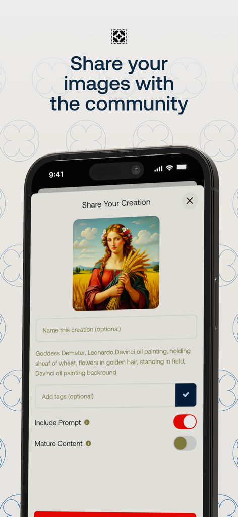 Venice AI - Una pantalla móvil mostrando la interfaz de Venice AI para compartir una imagen personalizada generada por IA en el feed de la comunidad