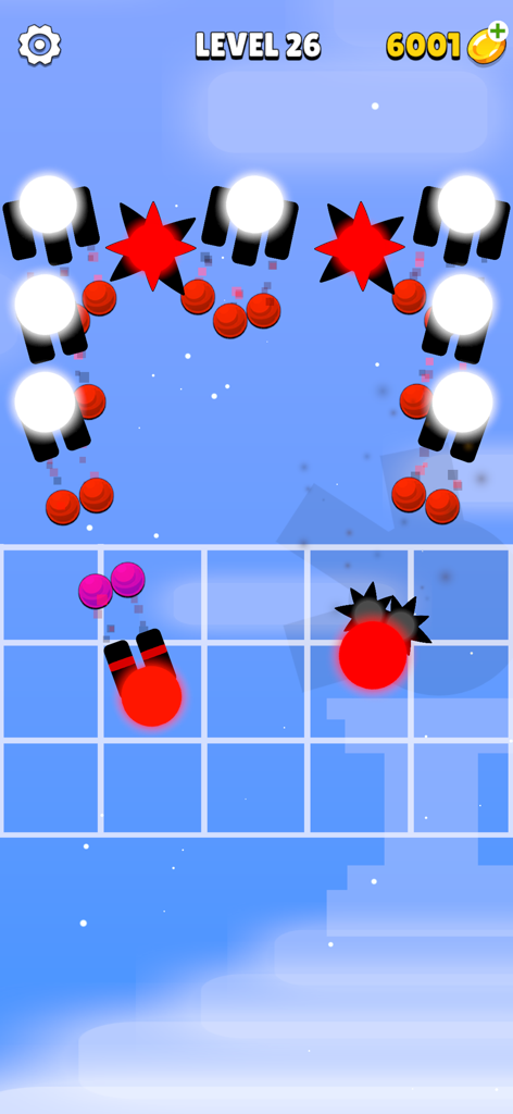 Fighter Merge gameplay showing a battle between minimalist red warriors and white enemies on a strategy grid.