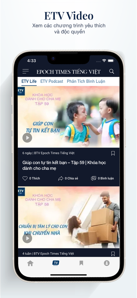 L'app Epoch Times Tiếng Việt mostra la sezione Video ETV con programmi su genitorialità e stile di vita