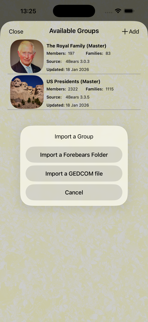 Forebears App-Bildschirm, der verfügbare Familiengruppen und Optionen zum Importieren von GEDCOM-Dateien anzeigt
