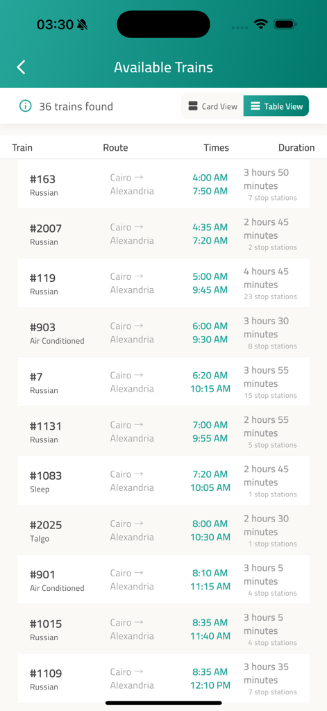 A table view in the Egypt Trains app showing a list of available trains from Cairo to Alexandria with train numbers, types, times, and trip durations.