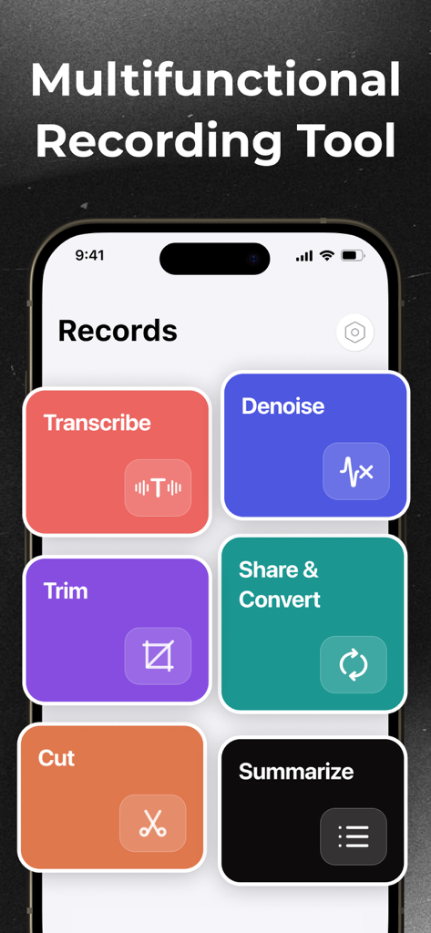 A mobile app interface displaying feature tiles for recording tools including transcribe, denoise, trim, and summarize.