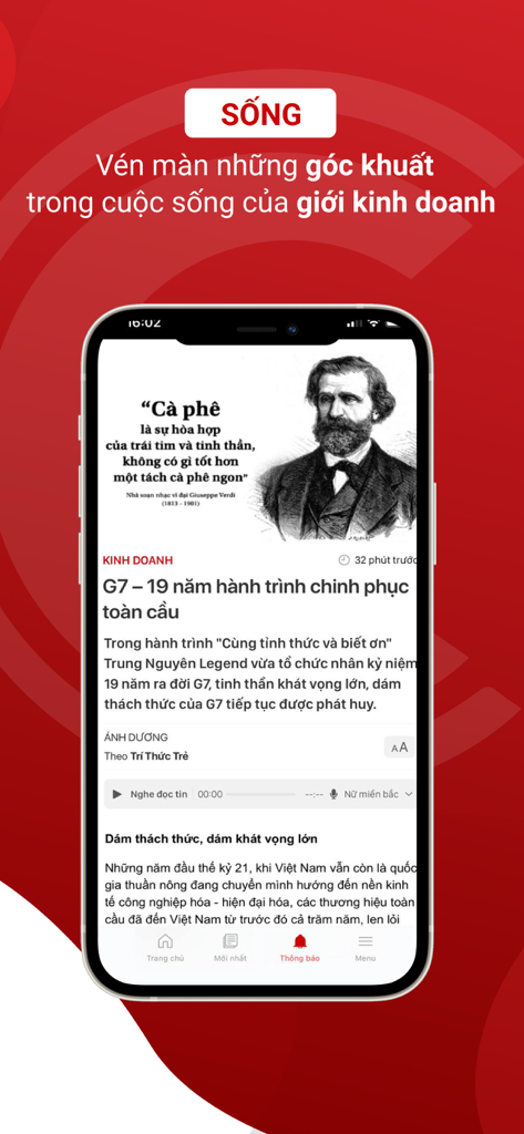 베트남어로 비즈니스 라이프스타일 뉴스 기사를 보여주는 CafeBiz 모바일 앱