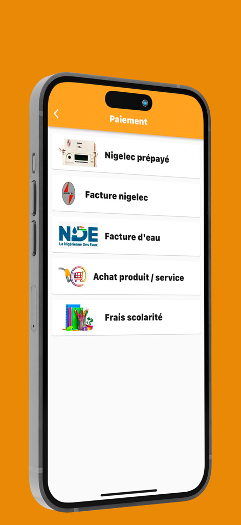 AmanaTa Transfert - Écran de l'application AmanaTa Transfert affichant diverses options de paiement de factures, y compris les factures d'électricité Nigelec et d'eau NDE.