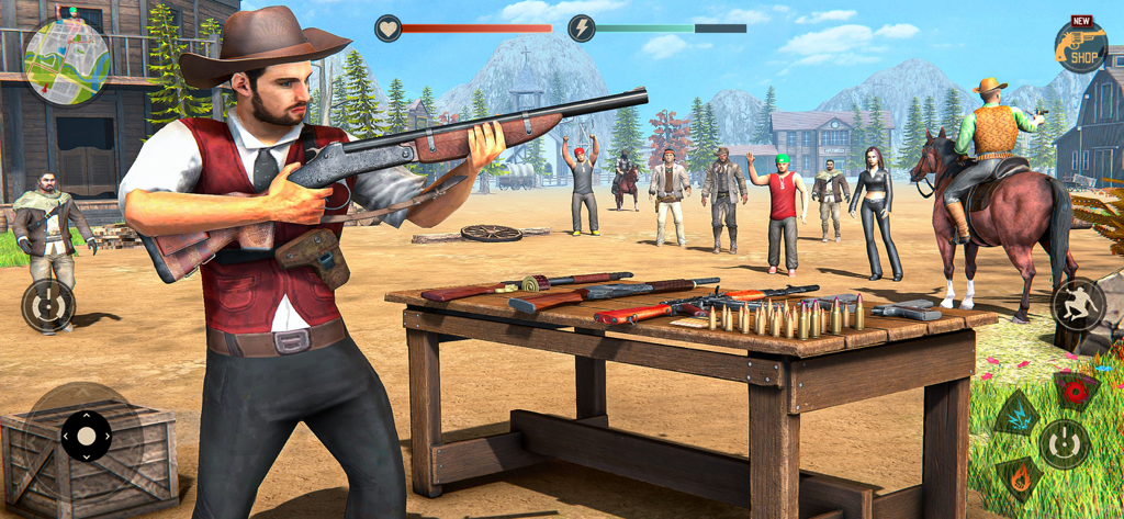 Wild West: Gunfighter Gangster - A cowboy character aims a rifle in an open world western town with a weapon selection table